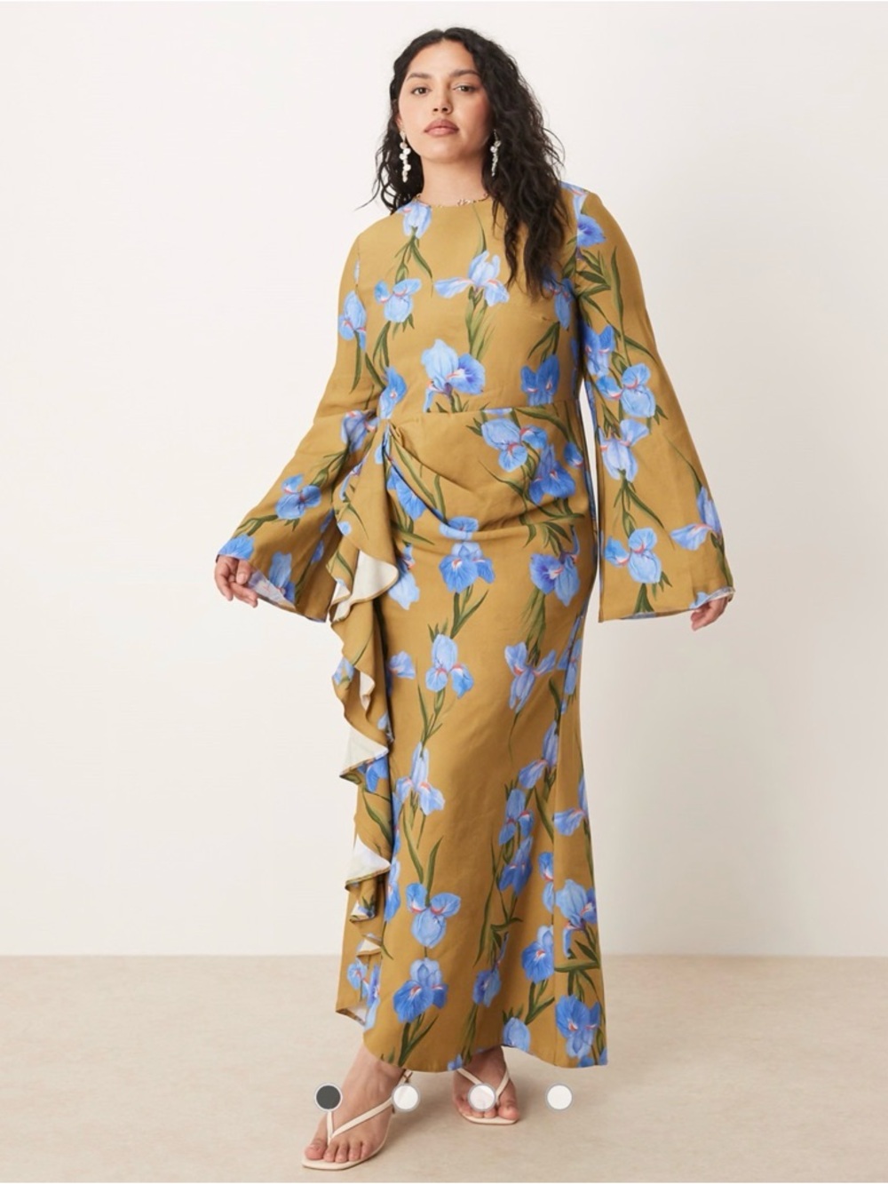 Floral Ruffle Maxi Dress in Mustard with Blue Flowers - ASOS size S NWOT
